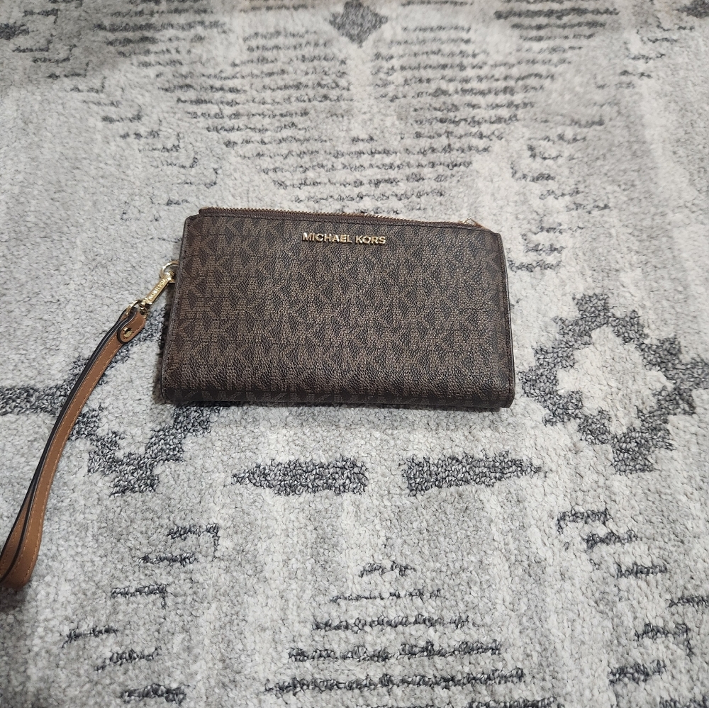 Michael Kors Brown Wristlet with Gold Logo